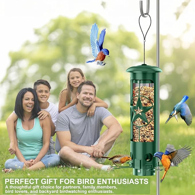 Squirrel Proof Bird Feeders for Outdoors Hanging, Metal Squirrel Proof Bird Feeder with Gravity Protection, 3LB Large Capacity Wild Bird Feeders for Outside Finch, Cardinal, Blue Jay (Green)