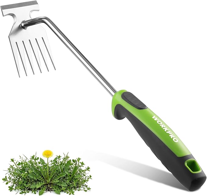 WORKPRO 15-Inch Weed Puller Tool, 6-Tine Heavy Duty Deep Root Remover for Dandelion, Stainless Steel Hand Weeder with Ergonomic Soft Grip, Ideal for Lawn, Garden, and Yard