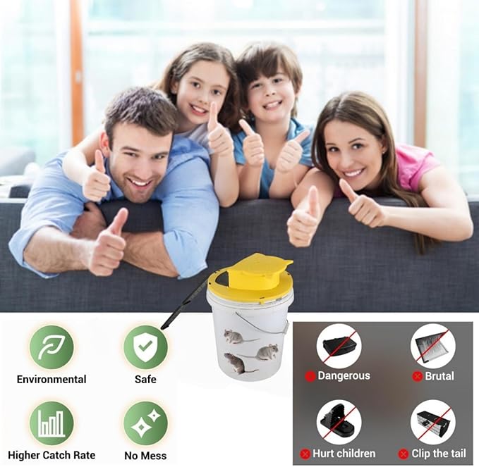 Mouse Bucket Trap, Auto-Reset Bucket Lid Mouse Trap, 5-Gallon Compatible, Efficient for Mouse Rat Indoor and Outdoor(2Packs)
