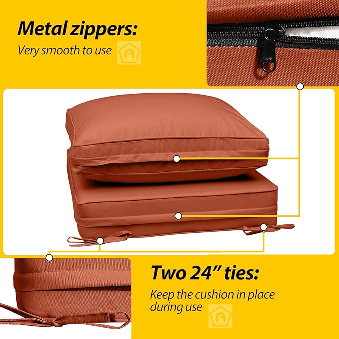 AAAAAcessories Outdoor Deep Seat Cushions with Double Welted Pillow, Waterproof, Fade-Resistant Patio Furniture Replacement Cushions, 23.5" x 25.5" x 5" + 23.5" x 19", Rust