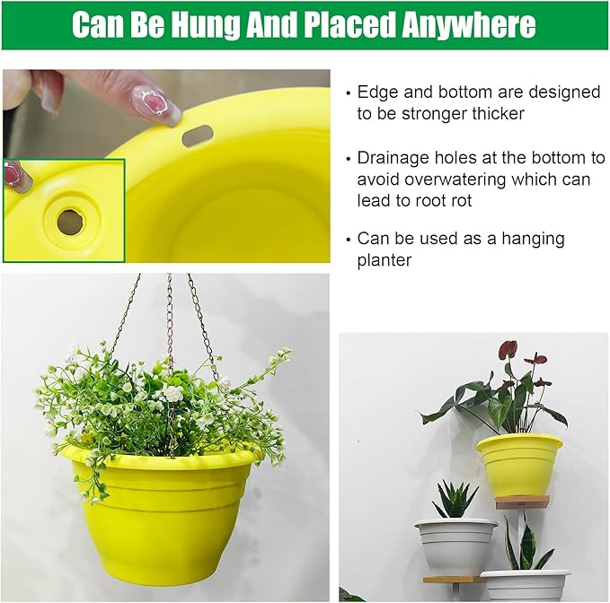 RooTrimmer 10 Inch Plant Pots Set of 5,Lightweight Plastic Planters with Drainage Holes & Plugs,Durable Plant Containers for Indoor Outdoor Houseplants,Flowers,Patio & Garden(Yellow)