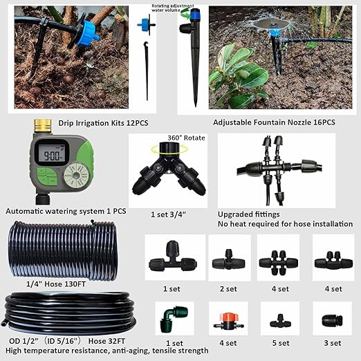 Drip Irrigation System with Water Timer Auto Watering System for Garden 5/16“ID and 1/4 Inch Pipe 162ft Adjustable Spray Kit, for Greenhouse, Garden, Lawn, and for Potted Plants