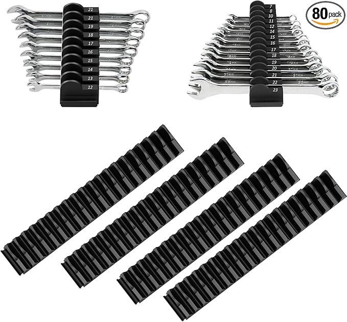 DEHOYI 80 pcs Modular Wrench Organizers for Tool Drawers - Wrench Rack with Metric & SAE Labels, Perfect Tool Storage Holder. Gift for father, brother and boyfriend (No Magnet, Black)