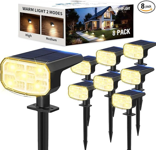 JEJOT Solar Lights Outdoor Waterproof IP65, Super Bright LED, 3000K 2 Lighting Modes, Solar Powered Yard Garden Solar Spot Lights for Outside Landscape Auto On/Off -8 Pack