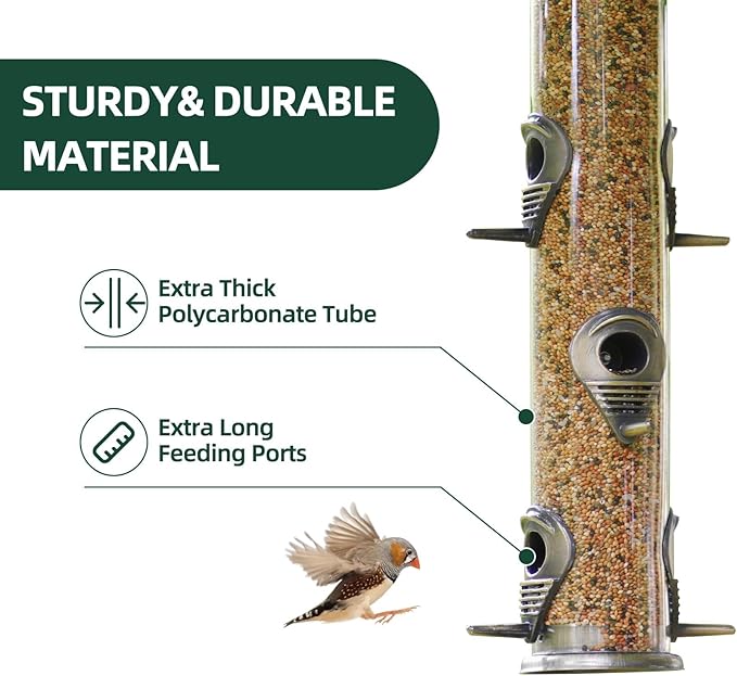 ERYTLLY Metal Bird Feeders 6 Port Tube Bird Feeder for Wild Birds, 1.4mm Extra Thick Solid Tube Transparent with Metal Lid for Outside
