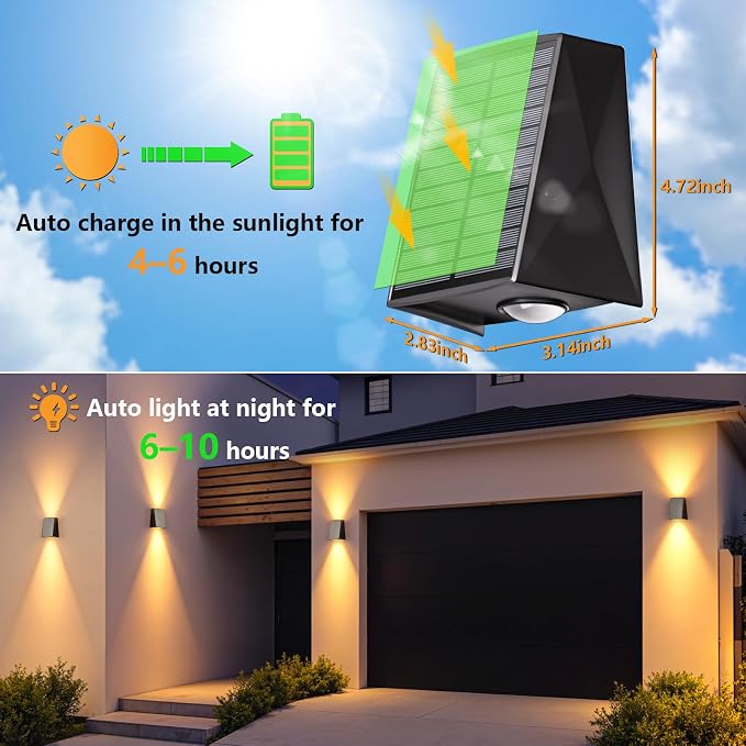 12Pack Solar Wall Lights Outdoor Waterproof Up and Down 2 LED Fence Sconce for House, Patio, Porch, Yard, Garden, Garage and Pool for Security and Decorative Lighting, Wall Mounted Install(Warm White)