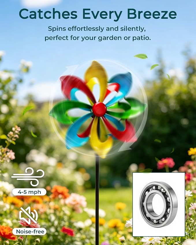 Rainbow Wind Spinner for Outdoor, 13" D Colorful Kinetic Garden Spinner with Smooth Silent Motion, Adjustable Height & Stable Ground Stake for Yard Patio Flower Bed Decor