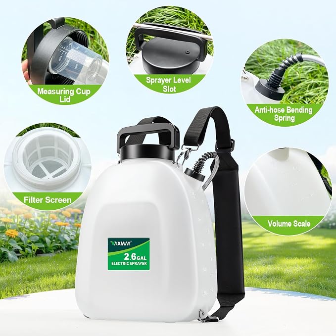 VAXMAY Battery Powered Sprayer 2.6 Gallon, Backpack Sprayer with 3 Adjustable Forces, Battery Indicator, 5 Mist Nozzles, 41" Retractable Wand, USB Rechargeable Garden Sprayer for Weed Lawn Yard
