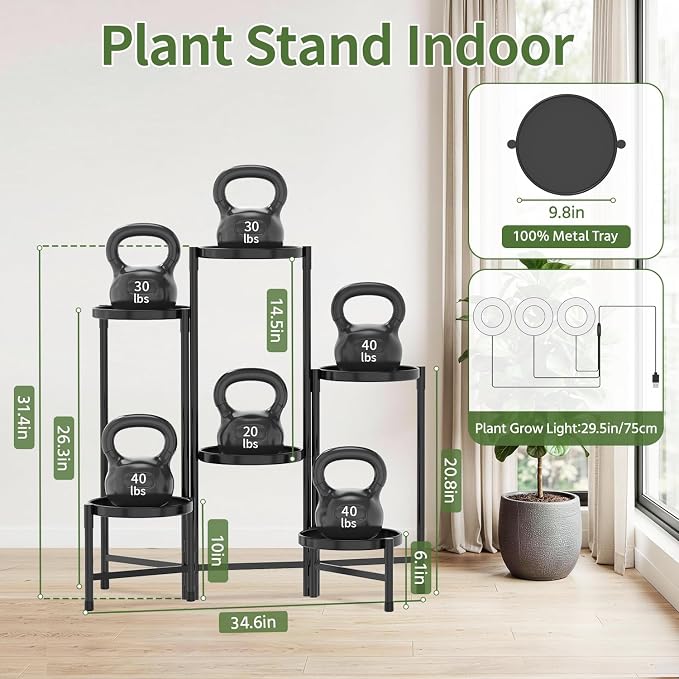 LASZOLA 6 Tier Large Plant Stand Indoor Tall with Grow Lights, Corner Folding Flower Display Rack with 10 Inch Metal Tray, Modern Plant Holder Shelf for Outdoor Patio Porch Garden Living Room, Black