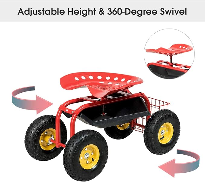 IRONMAX Garden Cart with Seat, Heavy Duty Gardening Work Stools w/Height Adjustable Seat & 10’’ Large Wheels, Rolling Garden Scooter for Outdoor Lawn Yard Planting (Red)