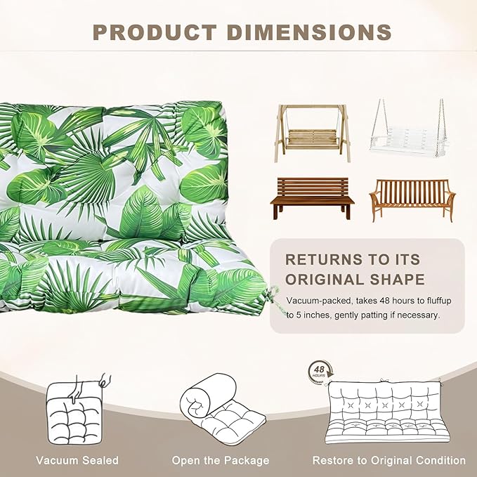 Porch Swing Cushion with Backrest,Waterproof Bench Cushion for Outdoor Furniture,2-3 Seater Replacement Thickened Swing Cushion with Ties,Patio,Outdoor,Backyard and Garden (Fresh Leafy,40x40")