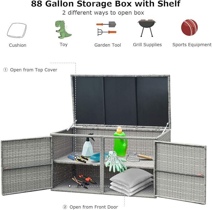 Tangkula Outdoor Wicker Storage Box, Garden Deck Bin with Steel Frame, Rattan Storage Box with Lid, Ideal for Storing Tools, Accessories, 88 Gallon Capacity (Grey)