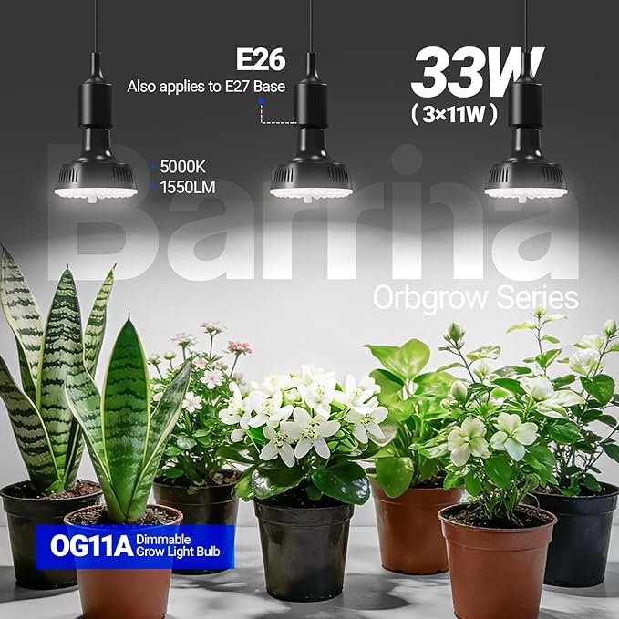 Barrina Orbgrow OG11A Grow Light Bulbs for Indoor Plants, Integrated Dimming & Timing, 5000K 33W(3 x 11W, 300 Watt Equiv), E26 Plant Light Bulb, Full Spectrum for Seeds and Greens, 3 Packs, Black