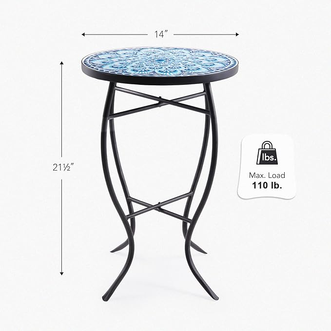VONLUCE Mosaic Side Table and Plant Stand, 21" Round End Table with 14" Ceramic Tile Top, Indoor & Outdoor Accent Table, Porch Patio Furniture, Entryway & Coffee Table for Home & Garden, Blue Mandala