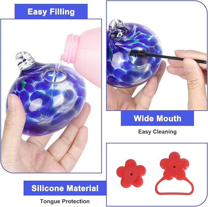 Wind Chimes Hanging Bird Feeders for Outdoors ＆ Bird Bath ＆ Hummingbird Feeders for Outdoors 3-in-1,Hand Blown Glass Hummingbird Feeder Balls,Detachable Feeder ＆ BirdBath(11in)(Phoenix Tail Blue)