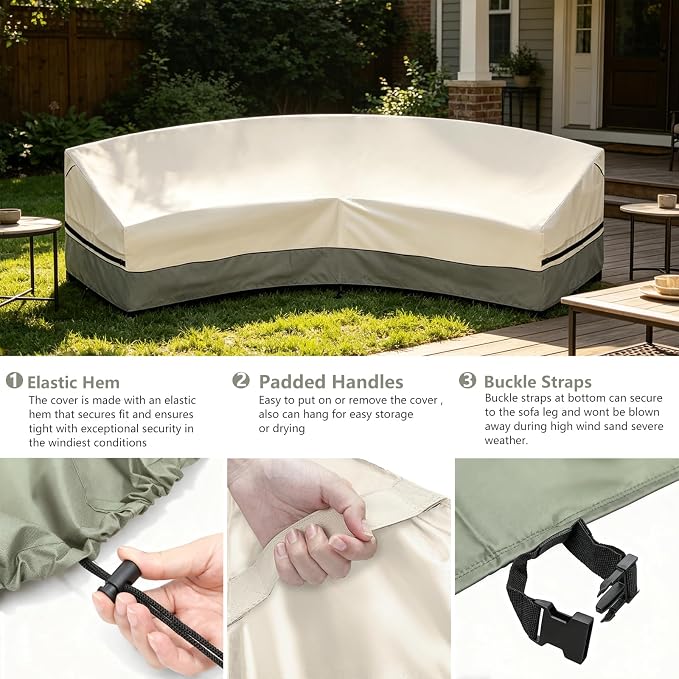 Okcool Outdoor Sectional Cover,Curved Patio Furniture Covers for 3-4 Seater Outdoor Furniture Couch,120"(Back Arc Length) x 81"(Front Arc Length) ,White&Grayish Green