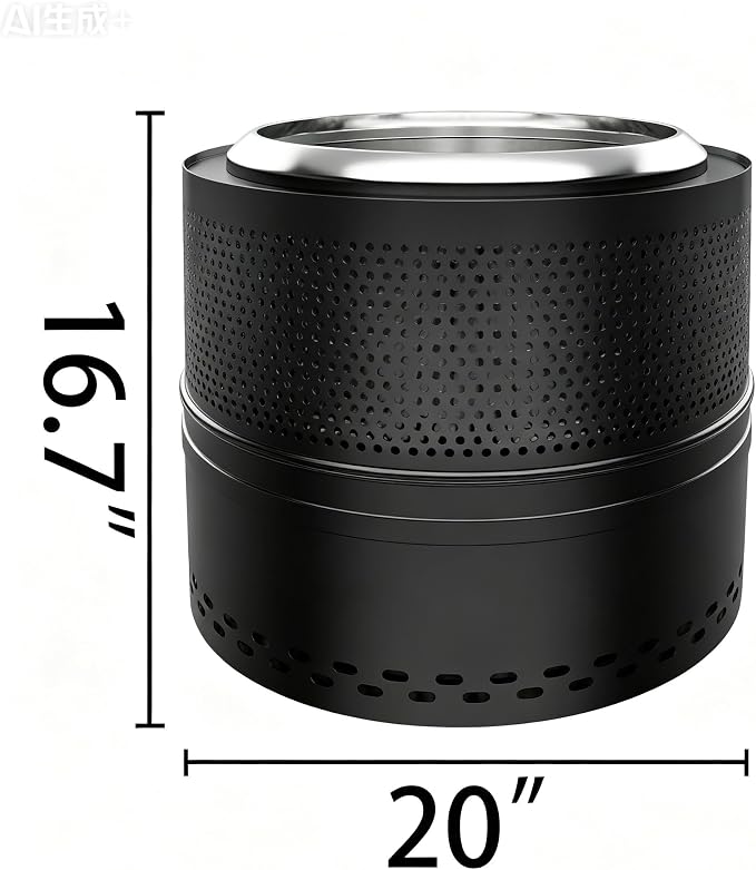 Outdoor Smokeless Fire Pit, 20'' Portable FirePits for Camping, Smokeless FirePit for Outside with Carry Bag, Wood Burning Stove, Stainless Steel，Black
