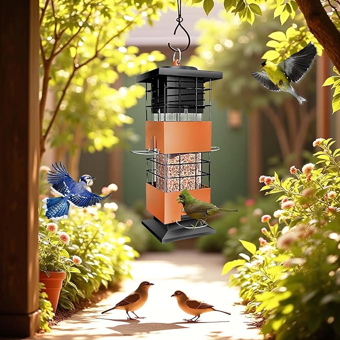 Squirrel Proof Bird Feeder for Outside, 3Lbs Metal Anti-Squirrel Bird Feeders for Outdoors, Weight-Activated Perches Hanging Wild Birdfeeder for Blue Jay, Cardinal (Brown)