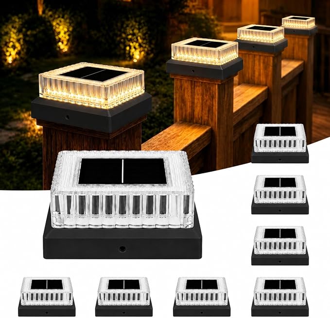 Solar Post Cap Lights Outdoor, 8 Pack Waterproof Fence Post Solar Lights 3000K with Fade-Proof Clear Lampshade Deck Post Lights Fit for 3x3 4x4 5x5 Vinyl/Wood Posts Garden Patio Porch