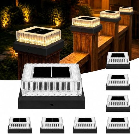 Solar Post Cap Lights Outdoor, 8 Pack Waterproof Fence Post Solar Lights 3000K with Fade-Proof Clear Lampshade Deck Post Lights Fit for 3x3 4x4 5x5 Vinyl/Wood Posts Garden Patio Porch