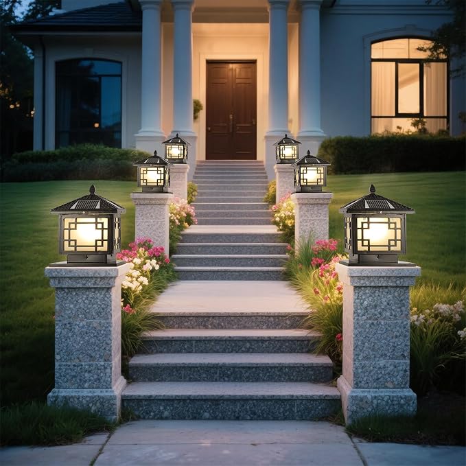 SLAWA 9.8In Solar Lighting Lantern Outdoor Post Caps Light with Solar Powered LED Column Lamp Black Square Waterproof Pillar Lamp Outside Housing Landscape Lighting Fence Deck Mailbox Pedestal Lantern