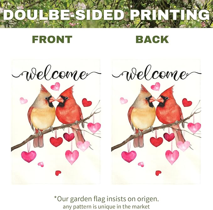 Welcome Valentine's Day Garden Flag Cardinal Love Heart Vertical Polyester Double Sided Yard Flags Holiday Anniversary Wedding Red Birds House Banner Farmhouse Valentines Day Decor 12x18 Inch