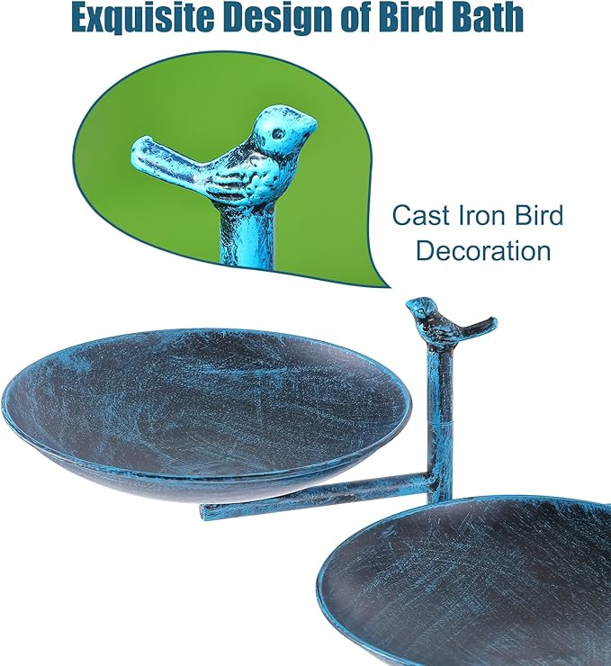 44" H Bird Bath and Feeder for Outdoors, 3 in 1 Free Standing Metal Birdbaths with Cast Iron Bird 4-Prong Stake Base for Outdoors Yard Garden Patio, Blue