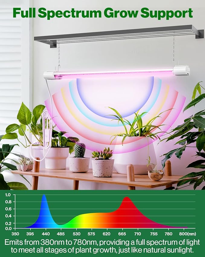 Sunco 6 Pack 2ft Grow Light LED, 20W, Full Spectrum, For Seed Starting, Seedling, Indoor Plants, Plug In Suspended Fixture, Link Up To 8, Inline Switch, ETL