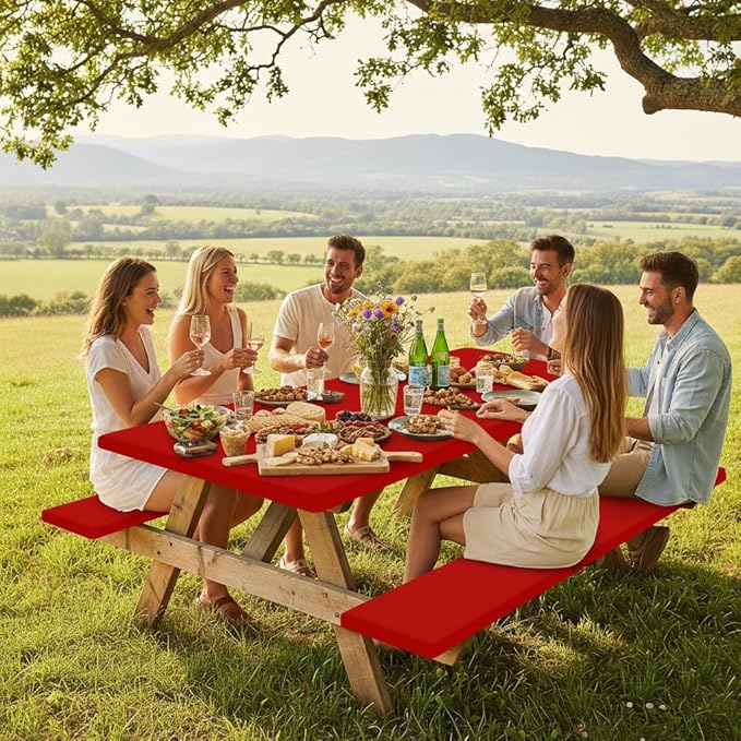 Smiry Picnic Table Cover with Bench Covers, Waterproof Elastic Fitted Polyester Tablecloths for 8 Ft Rectangle Tables, Washable Windproof Tablecloth for Outdoor, RV & Camping (Red, 30x96 Inches)