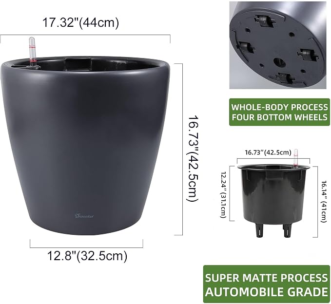 Dexceder 18x17 Self Watering Planter with Wheels (Slate Gray Matte) | Inner Pot Design, Thickened Large Floor Standing Flower Plant Pot with Water Level Indicator Indoor Outdoor
