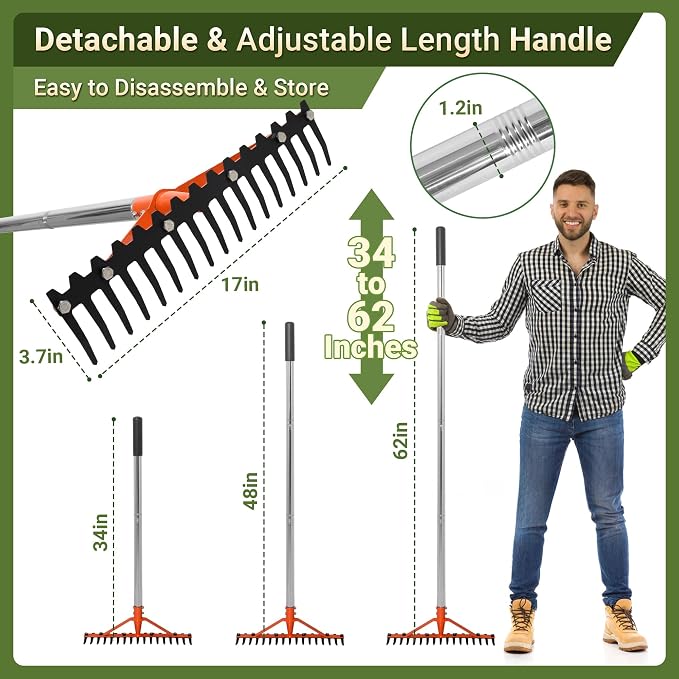 Garden Rake 17 Tempered Spring Steel Tines Heavy Duty Rake for Lawns Bow Rakes Metal Rakes with 62 Inch Stainless Steel Adjustable Long Handle for Loosening Soil Yard Work