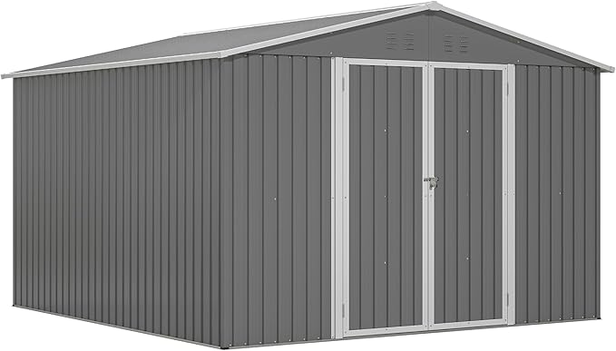 YOPTO 10×10 FT Outdoor Storage Shed,Metal Aluminum Waterproof Tool Sheds with Foundation,Doors & Vents,Heavy-Duty Sheds Unit W/Lock & Key,for Storing Bicycles,Lawnmowers,Barbeques,Gray