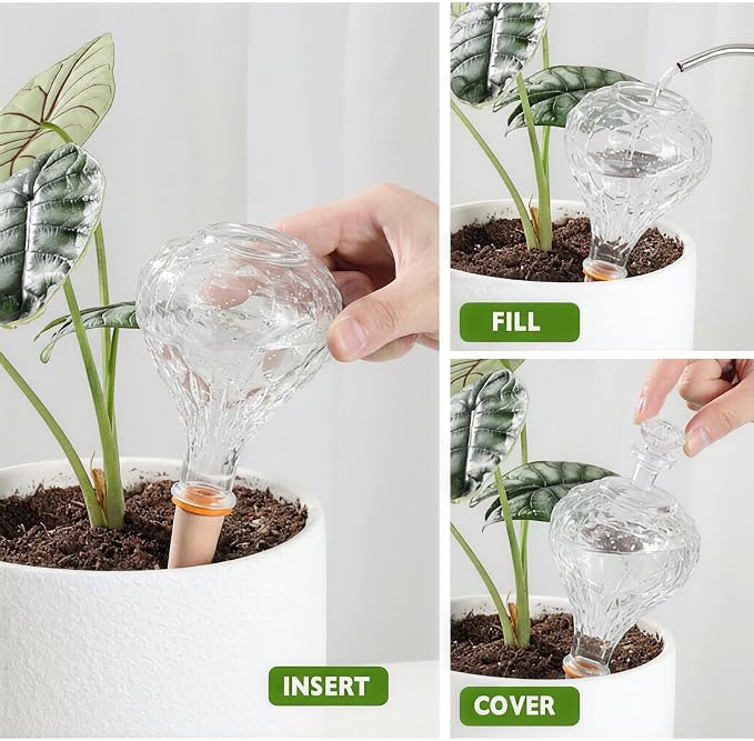 12 oz Plant Watering Globes, Clear Glass Self Watering Bulbs Top Fill with Terracotta Spikes Stake, Self Watering Planter Insert Vacation Automatic Plant Waterer Device for Indoor & Outdoor 2Pack