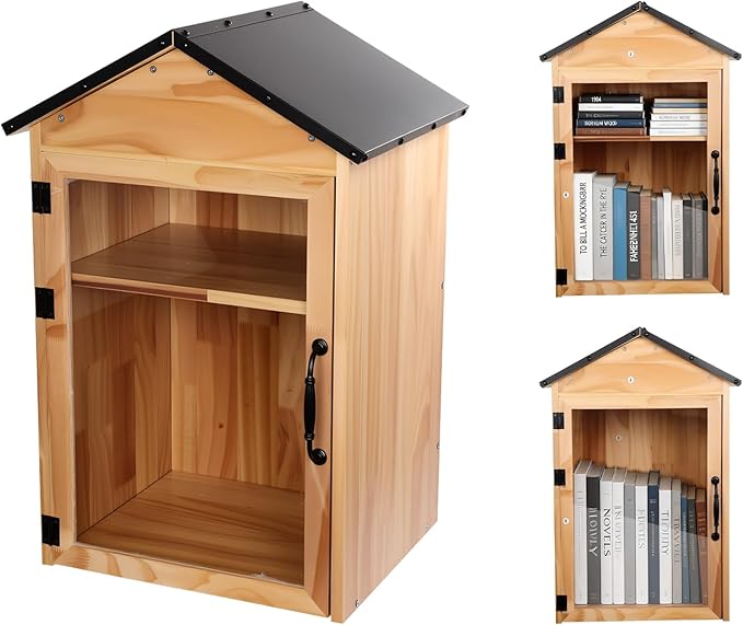 FAHKNS Little Library Box Outdoor, 2-Tier Little Library for Neighborhoods Community School, Weatherproof Wood with Adjustable Shelf & Rust-Proof Hinges, Sharing Books, Newspapers and Literature
