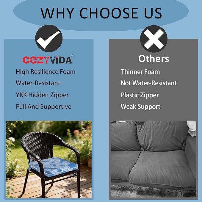 COZYVIDA Outdoor Chair Cushions Set of 4, 20"x20" Square Seat Pads with Tie Straps and YKK Zippers, 30D High-Density Foam, Water-Resistant Fabric,UV-Resistant 1000+ Hrs