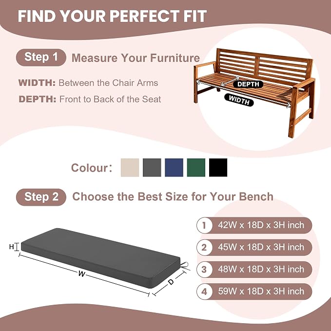 Outdoor Bench Cushions for Outdoor Furniture, 42x18 Inch, Waterproof Patio Furniture Cushion, Fade Resistant Bench Cushions for Porch Swing, Long Bench, Indoor, Dark Grey