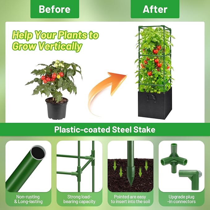 Legigo 4 Pack Tomato Cages with 17 Gallon Grow Bags- 47 Inch Square Tomato Cages for Garden, Heavy-Duty Tomato Stakes Plant Support Cages Trellis for Garden Vertical Climbing Plants Vegetables