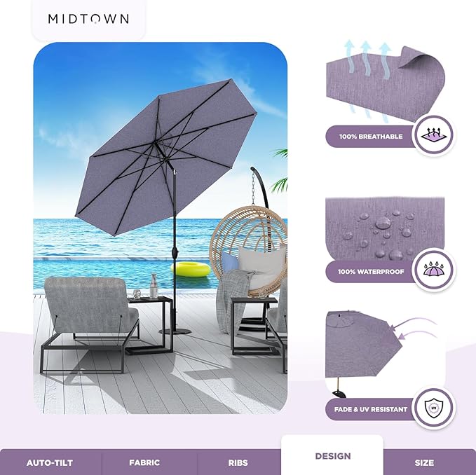 Midtown Umbrellas - 10-Year-No-Fade 9 Ft Patio Umbrella with Terylast Fabric, Auto-Tilt Aluminum Frame and 8 Reinforced Ribs for Deck, Pool, Garden & Beach - Purple Texture Canopy, Black Pole