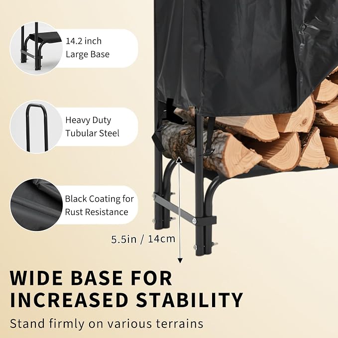 8ft Firewood Rack Holder with Cover, Heavy Duty Fire Log Stacker Stand for Fireplace, Outdoor Indoor Metal Wood Pile Storage Organizer, Patio Logs Stand tool, Black