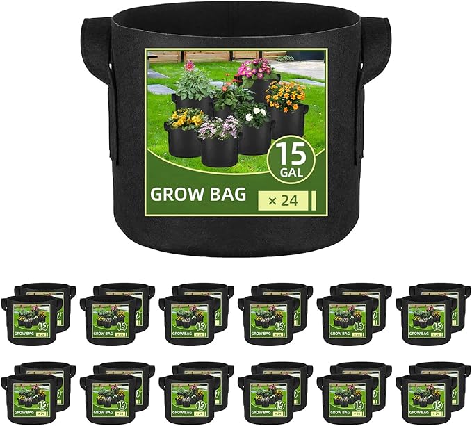 24 Pack 15 Gallon Grow Bags, Heavy Duty Thickened Aeration Fabric Pots with Handles for Vegetable/Flower/Plant