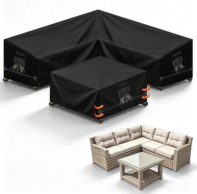 Patio V-Shaped Sectional Sofa Cover and Patio Table Cover Waterproof, 2PCS 420D Patio Furniture Covers, Fit 5-Seater Outdoor Sectional Furniture Couch and Tables, Triple Windproof and Anti-UV, Black