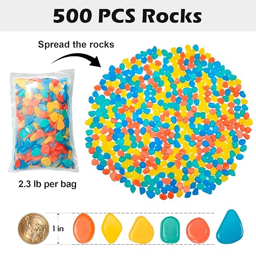 NAMTSO Glow in The Dark Rocks Outdoor, 500 pcs Multicolor Solar Rocks for Landscaping, Outdoor Decor Glow in The Dark Stones, Glowing Pebbles for Garden Backyard Patio Lawn Fish Tank Aquarium Decor