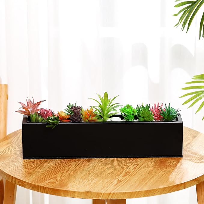 FillTouch 1 Pcs Long Rectangular Planter Box Window Sill Plant Box Metal Water Trough Indoor Large Modern Steel with Drainage Holes Herb Garden Home (16.1 x 3.2 x 3.5 Inch,Black)