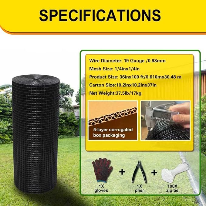 Black Hardware Cloth 1/4inx36inx100ft, Chicken Wire Fencing, 19Gauge, Vinyl PVC Coated Mesh, Welded Wire mesh, Perfect for Gopher Wire, Rodent Mesh, Tree Guard, Chicken Coop