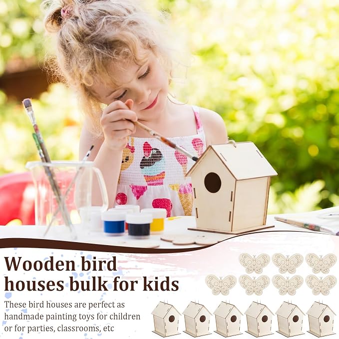 DoubleFill 96 Pack Wooden Bird Houses Bulk Butterfly Wood Chips for DIY Unfinished Hanging Birdhouse Kits Wooden Craft Houses to Paint Summer Bulk Craft Family Crafts Party Favor