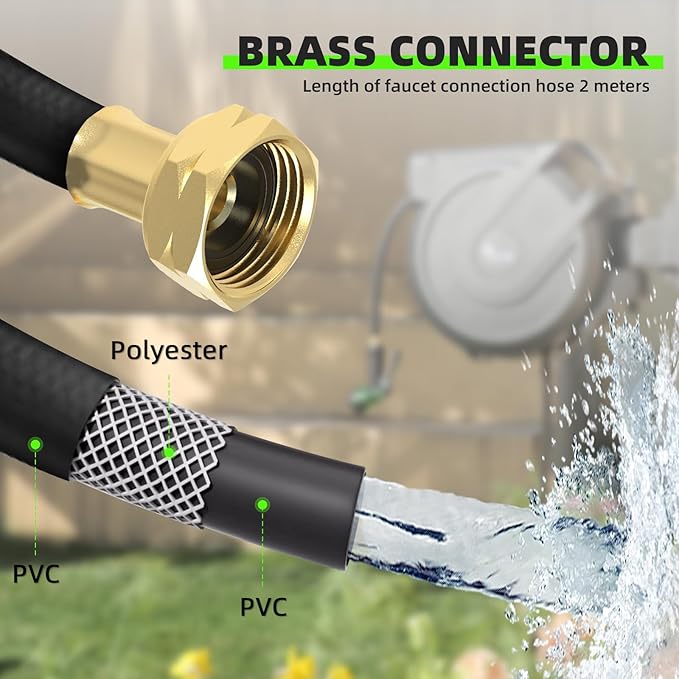 Retractable Garden Hose Reel 1/2 in x130 ft, Heavy Duty Wall Mounted Hose Reel with 7- Function Sprayer Nozzle, Any Length Lock/Automatic Slow Return System,180° Swivel Bracket