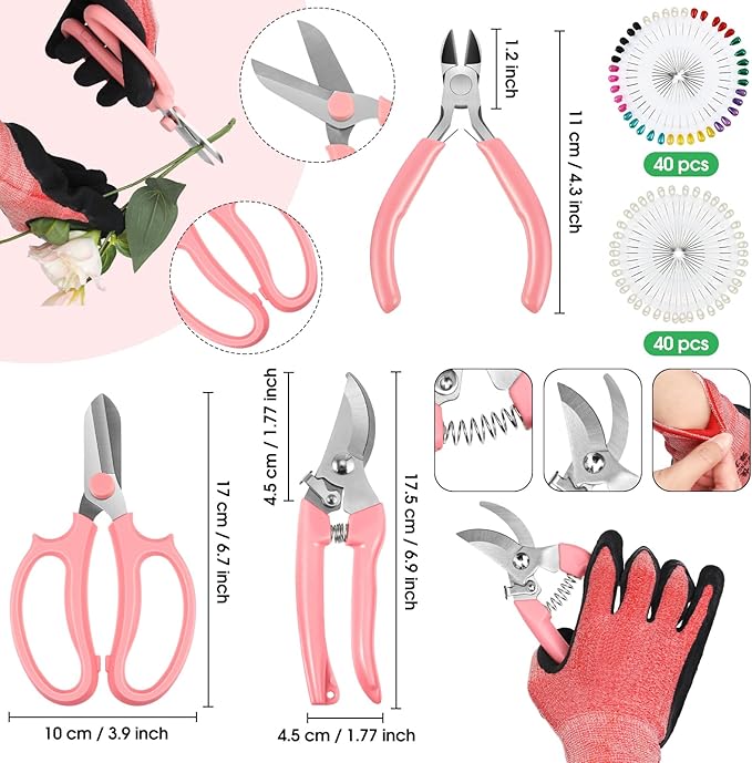 207 Pcs Flower Arrangement Supplies Florist Garden Tool Gift Kit for Women Mother's Day Include Pink Tool Bag Thorn Remover Rose Stripper Outdoor Hand Tools Stem Pruning Shear Gloves Stem Wire Etc