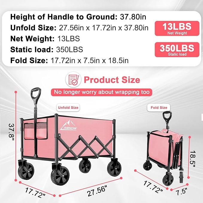 Collapsible Folding Wagon Cart, 350LBS Utility Large Capacity Cart Foldable Wagon with All Terrain Wheels, Grocery Wagons Carts for Garden Shopping Sports Camping, Light Pink