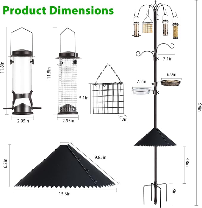Bird Feeding Station Kit, 94 Inch Adjustable Birds Feeder Stand Pole with 6-Hook, Bird Bath and Mesh Tray, Curved Squirrel Baffle, Freestanding 5-Prong Base