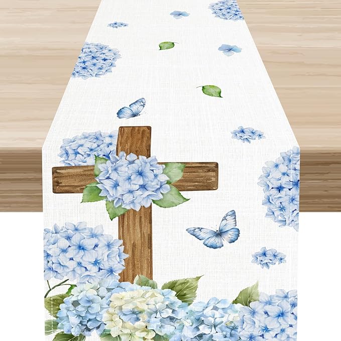 Spring Floral Table Runner, Country Blue Hydrangea Cross Watercolor Spring Summer Seasonal Flower Farmhouse Rustic Table Center Decor for Family Kitchen and Dining Party Table Decorations, 13"x108"